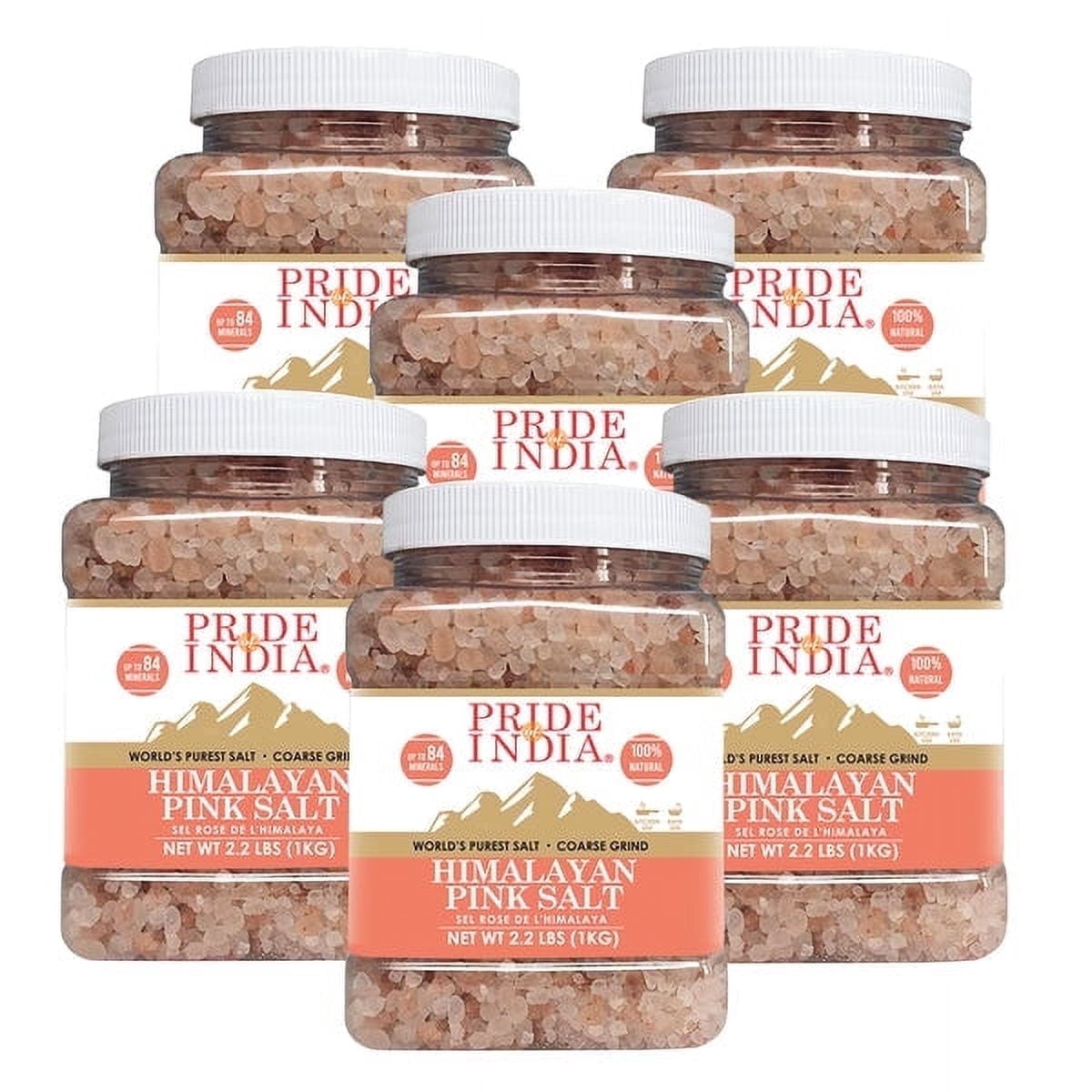Pride of India - Pack of 6 - Himalayan Pink Salt, Coarse 4-5mm, 2.2 lb Jar, Ideal for Salt Grinders, Cooking & Bath , Gluten-Free