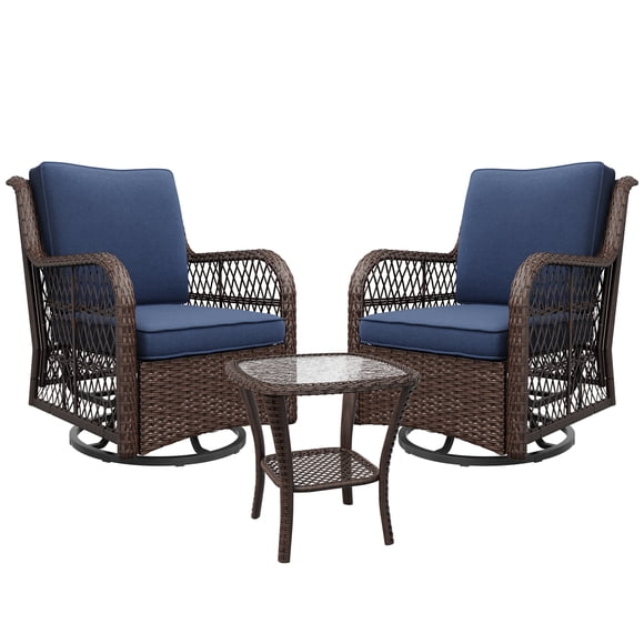 Outdoor Patio Wicker Furniture Set, 3 Pieces Wicker Glider Rocking Chair with Table Set, 360° Swivel Garden Furniture with 4" Thick Cushions and Coffee Table for Porch, Balcony, Deck, Bistro