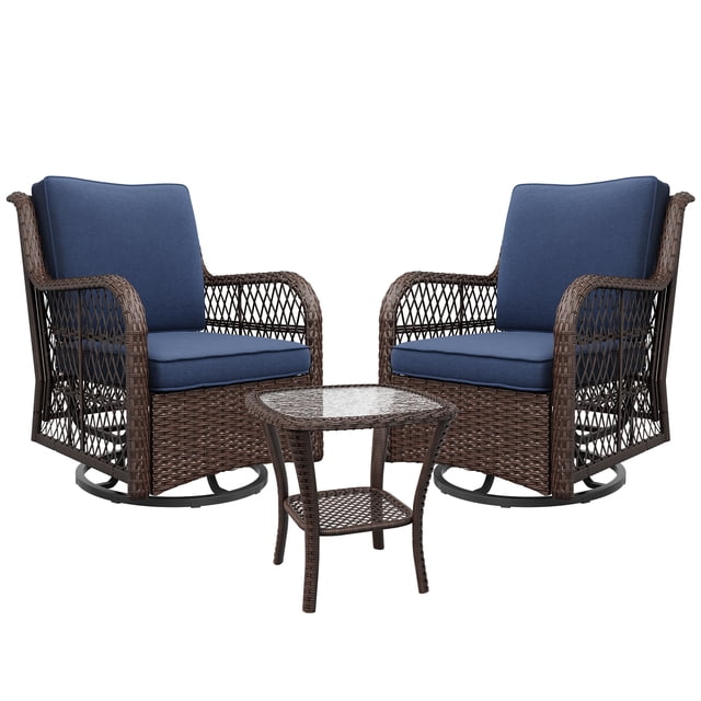 360° Swivel Wicker Patio Glider Chair Set - 3-Piece Outdoor Rocking Chairs with Thick Cushions & Armored Glass Side Table - Comfortable Garden Bistro Furniture for Porch, Balcony, Deck - Blue