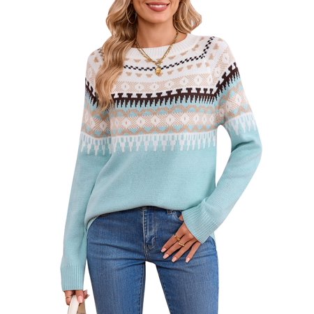 Women's Fair Isle Sweater, Crew Neck Long Sleeve Knit Pullover Christmas Holiday Winter Sweater by Cogild