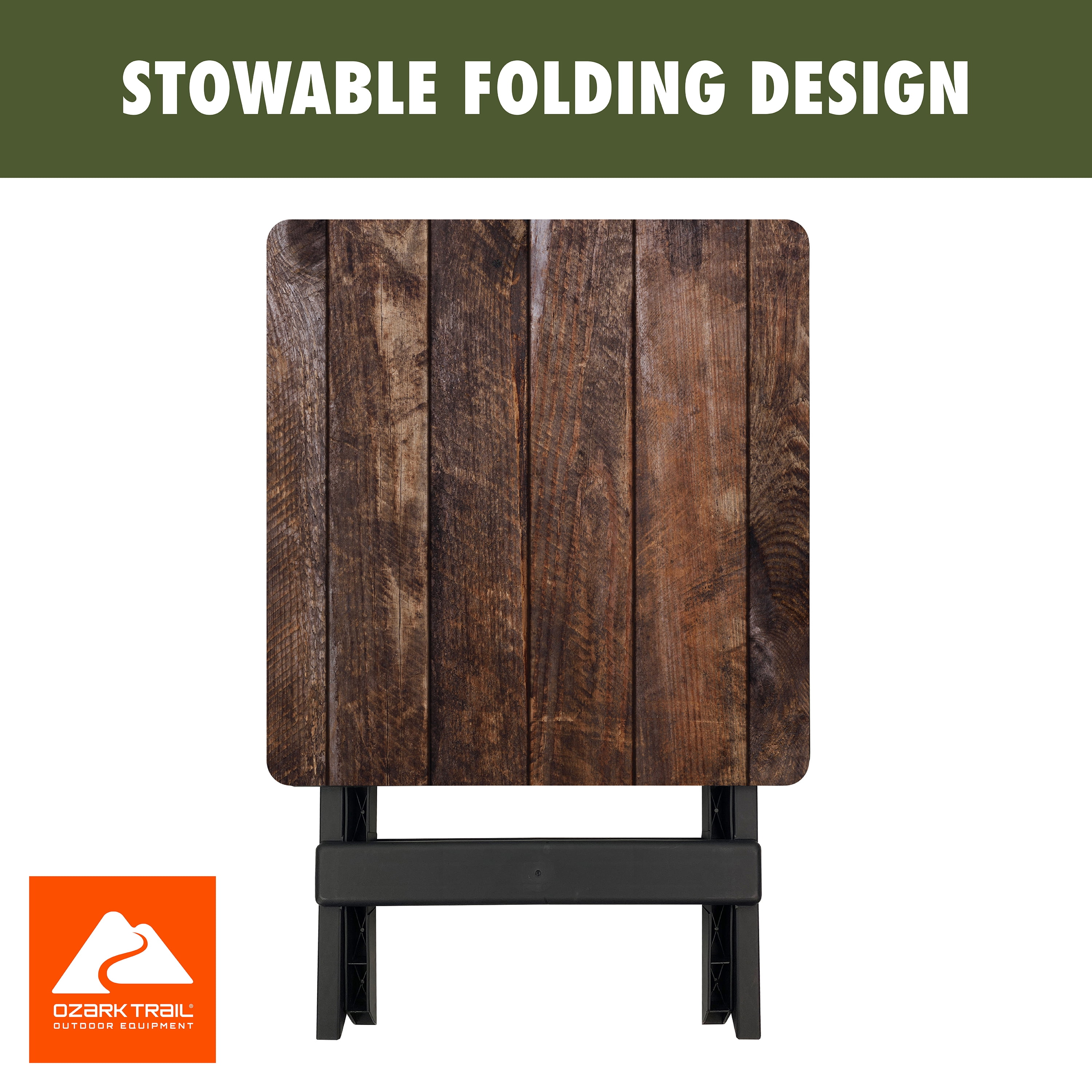 Ozark Trail 19-inch Plastic Folding Outdoor Camp Side Table, Brown Wood Print
