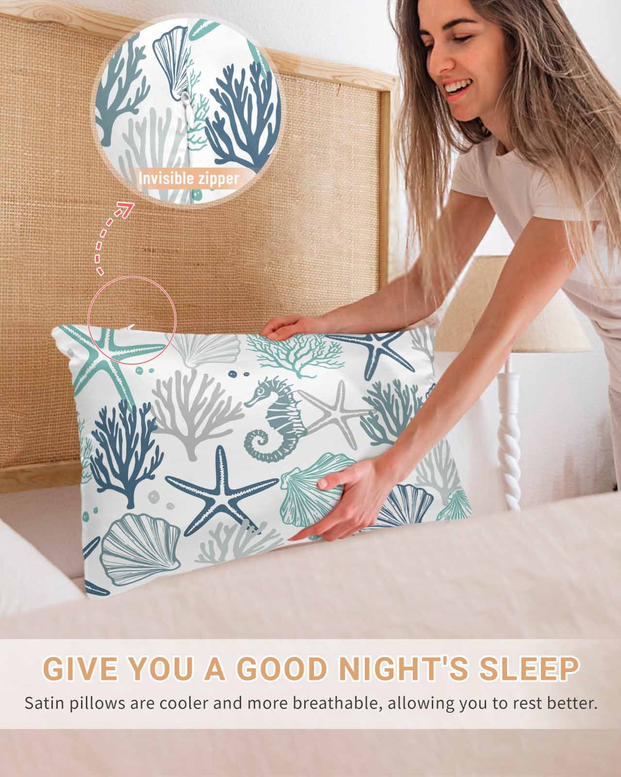 Blue Teal Coastal Pillow Cases King Size Set of 2, Smooth Satin Pillowcase for Hair and Skin, Summer Beach Starfish Coral Nautical Decorative Cooling Bed Pillow Covers with Zipper, 20x36 Inches