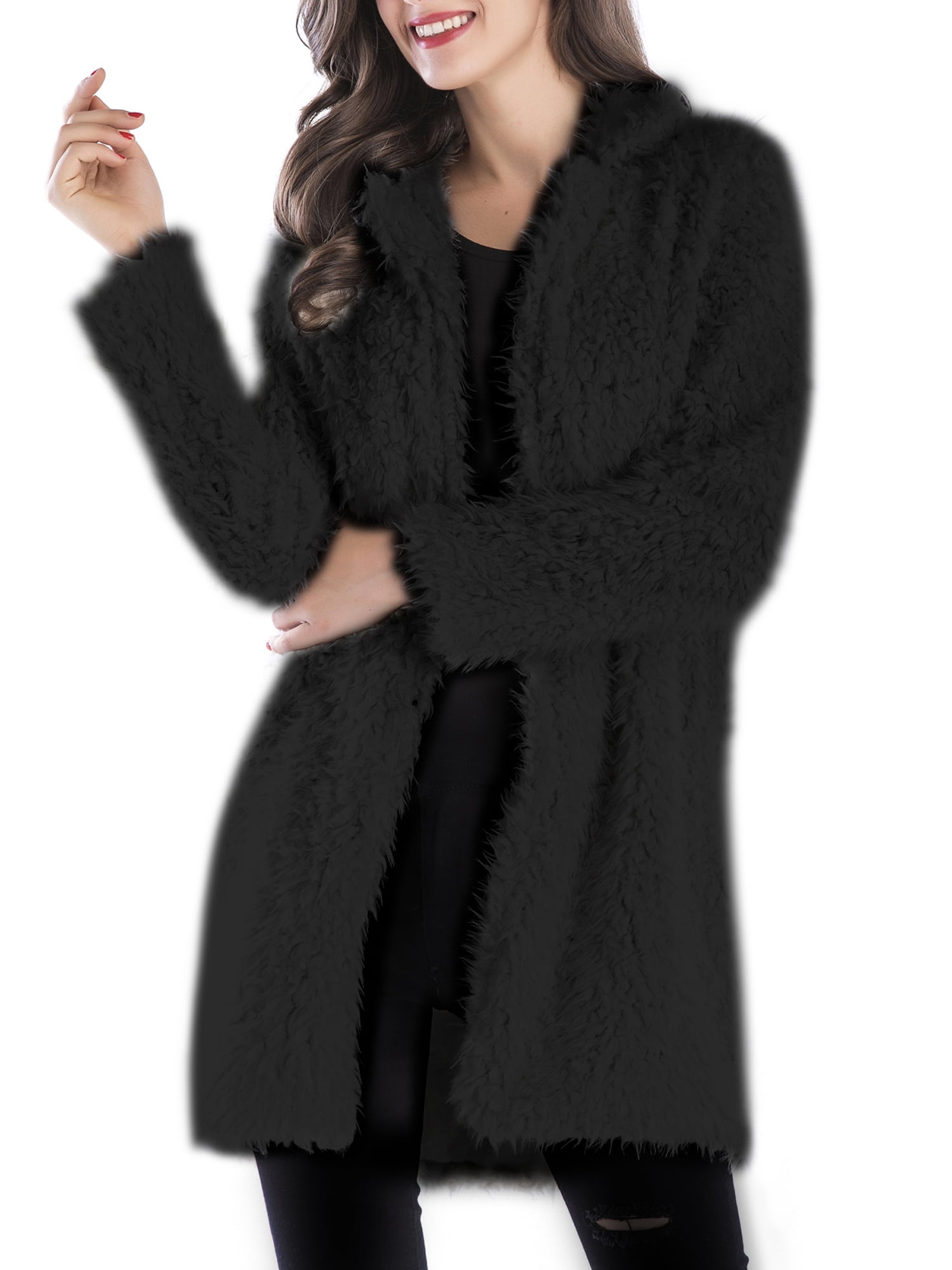HIRIRI Fuzzy Cardigans for Women Casual Open Front Hooded Color Block Loose Draped Winter Outwear Coat with Pockets 