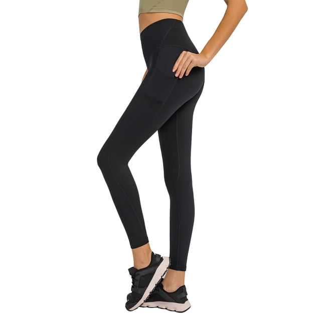 Pantalones de yoga de alto rendimiento con bolsillos laterales: leggings deportivos, nailon y spandex, ajuste ceñido y sujeción.