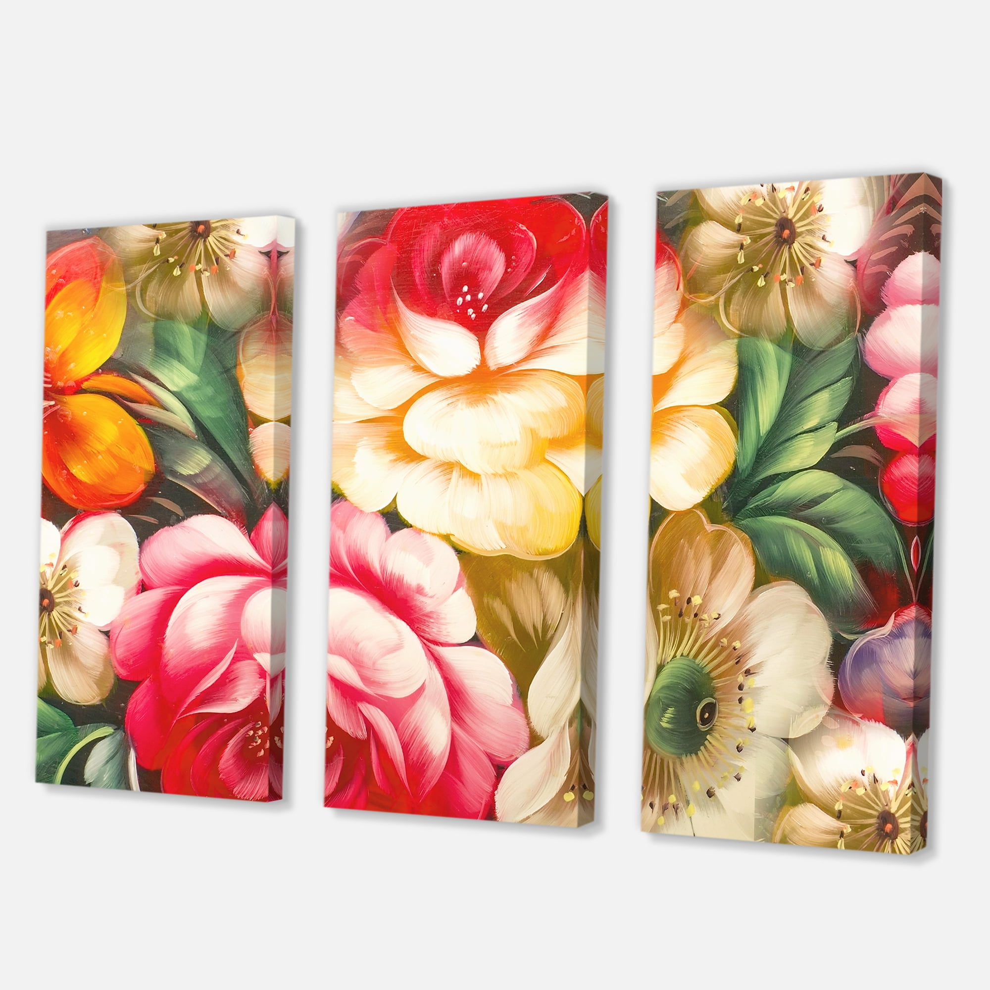 Red and Yellow VIntage Flowers 28 in x 36 in Painting Canvas Art Print, by Designart