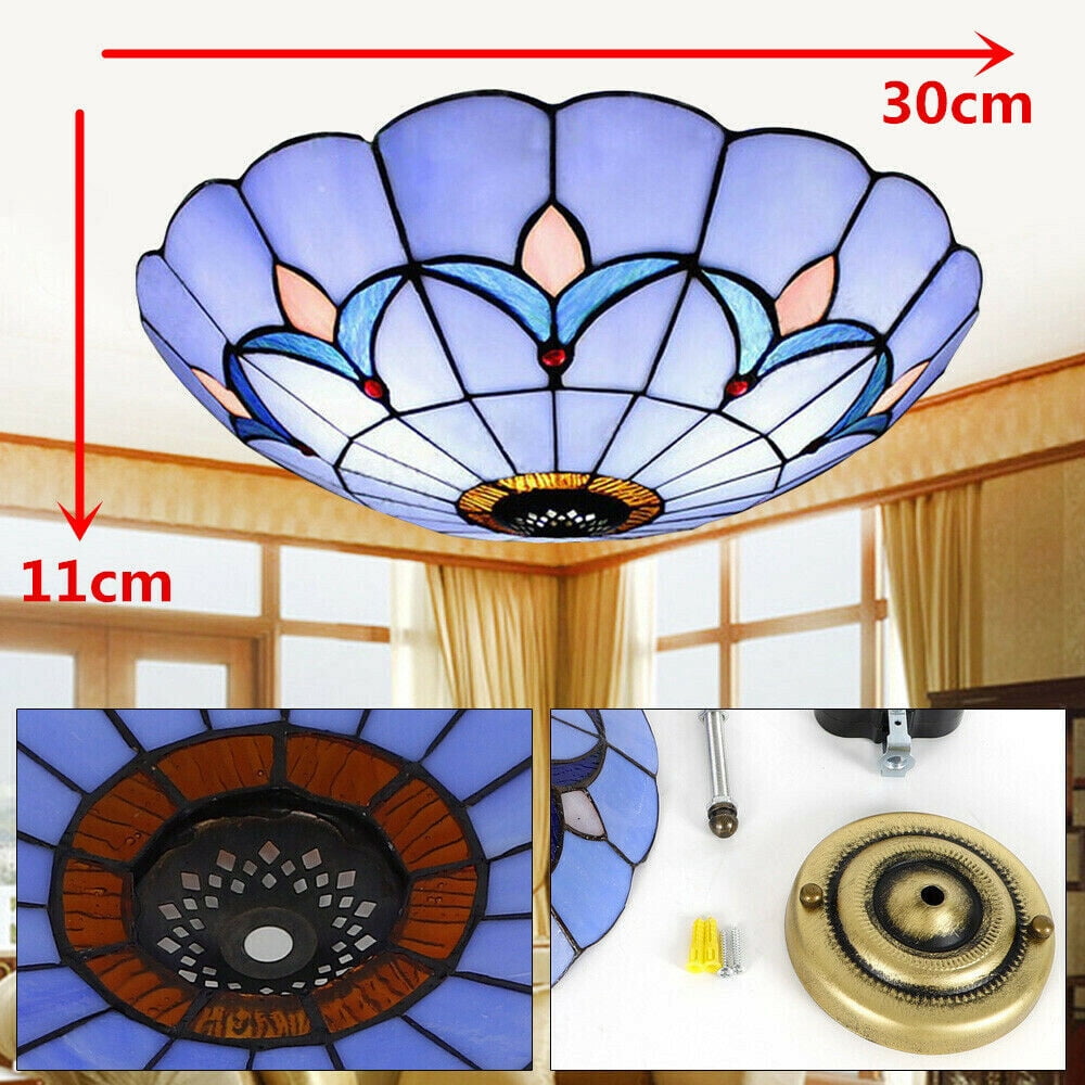 12"Tiffany Style Stained Glass Flush Mount Vintage Ceiling Light Lamp Fixture