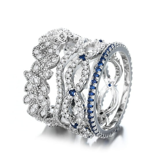 Blue and White Sapphire Ring Set in 18K White Gold Plated (Stackable)