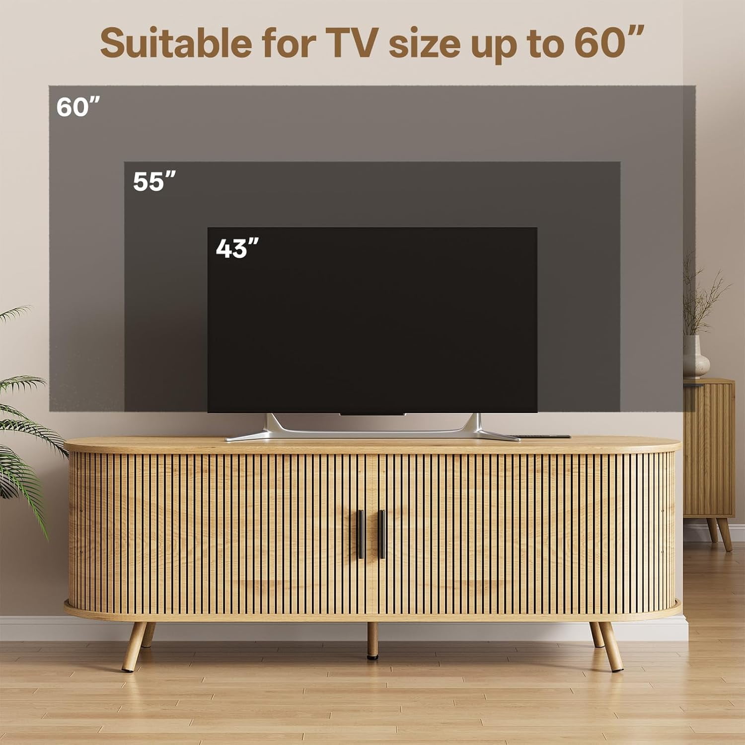 55" TV Stand with Power Outlet, Modern Media Console with Sliding Doors, Entertainment Center for TVs up to 60 Inch, Adjustable Shelves, Nature Oak