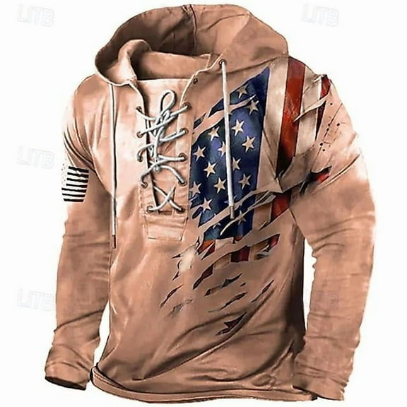 Men's USA Flag Print Hoodies Long Sleeve T-Shirt Vintage Lace Up Hooded Sweatshirts Shirts Drawstring Tee Tops