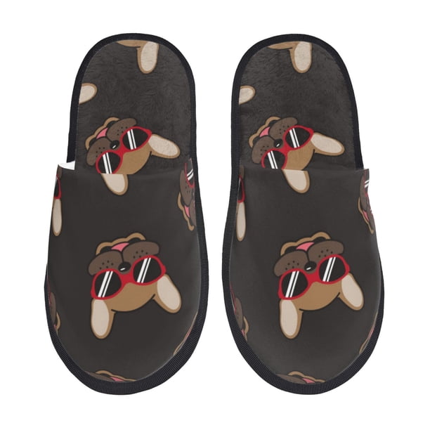Fotbe Bulldog with Sunglasses Pantuflas Peludas para Mujer con Estampado, Zapatillas de Peluche, Zapatos de Invierno para Casa, Uso Interior y Exterior-Large