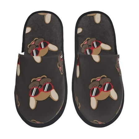 Balery Bulldog with Sunglasses Slient Indoor Furry Fleece Comfort House Shoes Soft Non-Slip Home Shoes Cotton slippers House Slippers-- Large