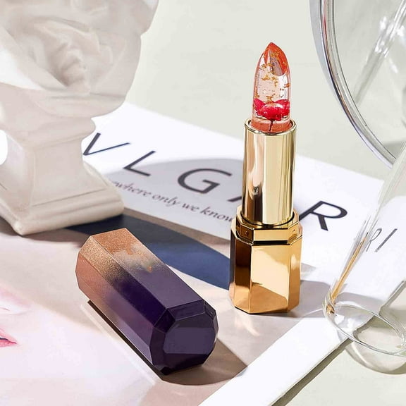 Lipstick Moisturizing Lip Balm Color Changing Lipstick Warm Lip Glaze Transparent Jelly Lipstick with Dried Flower Multiple Color Temperature Durable Hydrating Lip Care