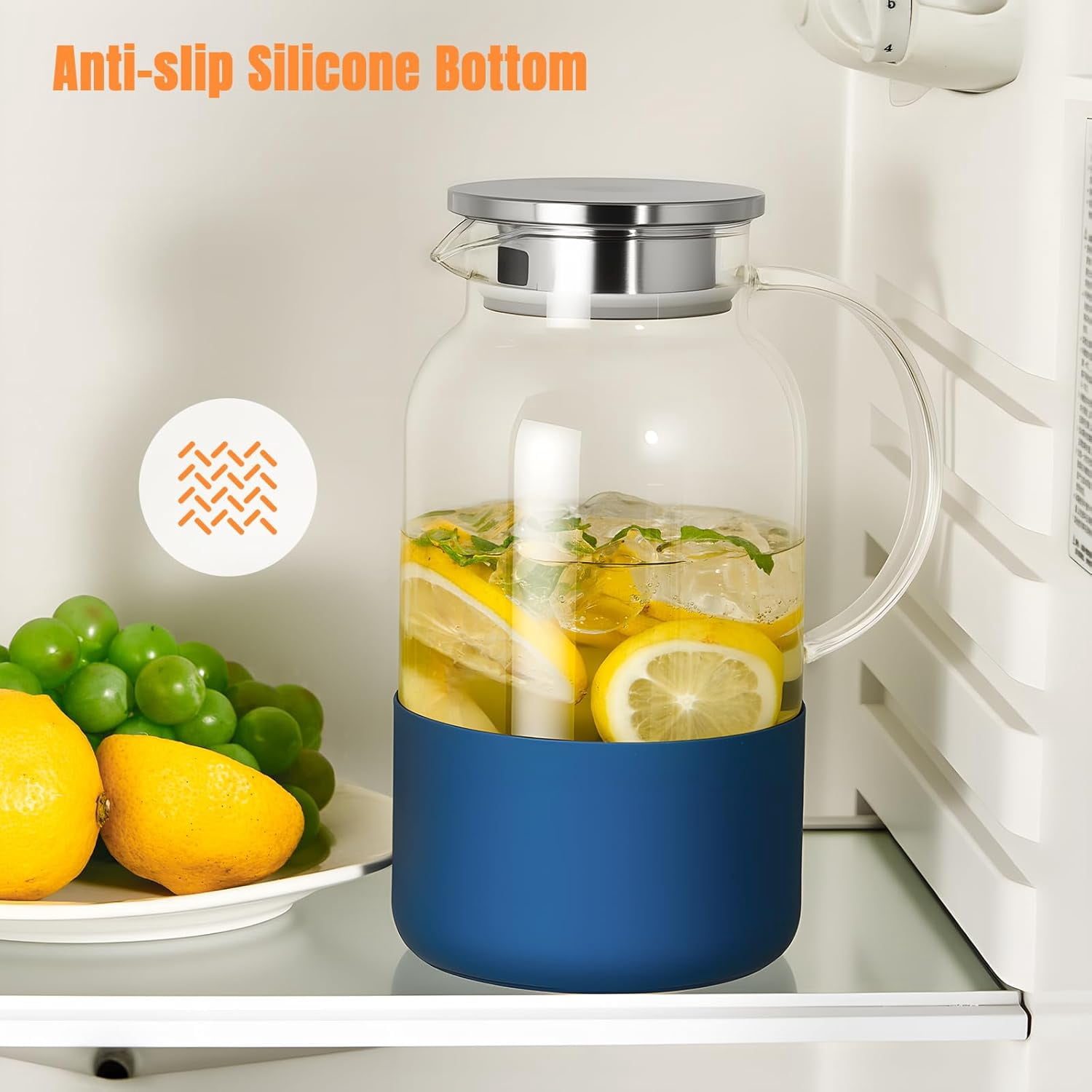 SUMMIT Water Pitcher with Silicone Base 61oz/ 1.8L, Hot& Cold Glass Pitcher with Lid and Handle, Glass Carafe with Lid for Coffee, Juice, Lemonade and Milk (blue)