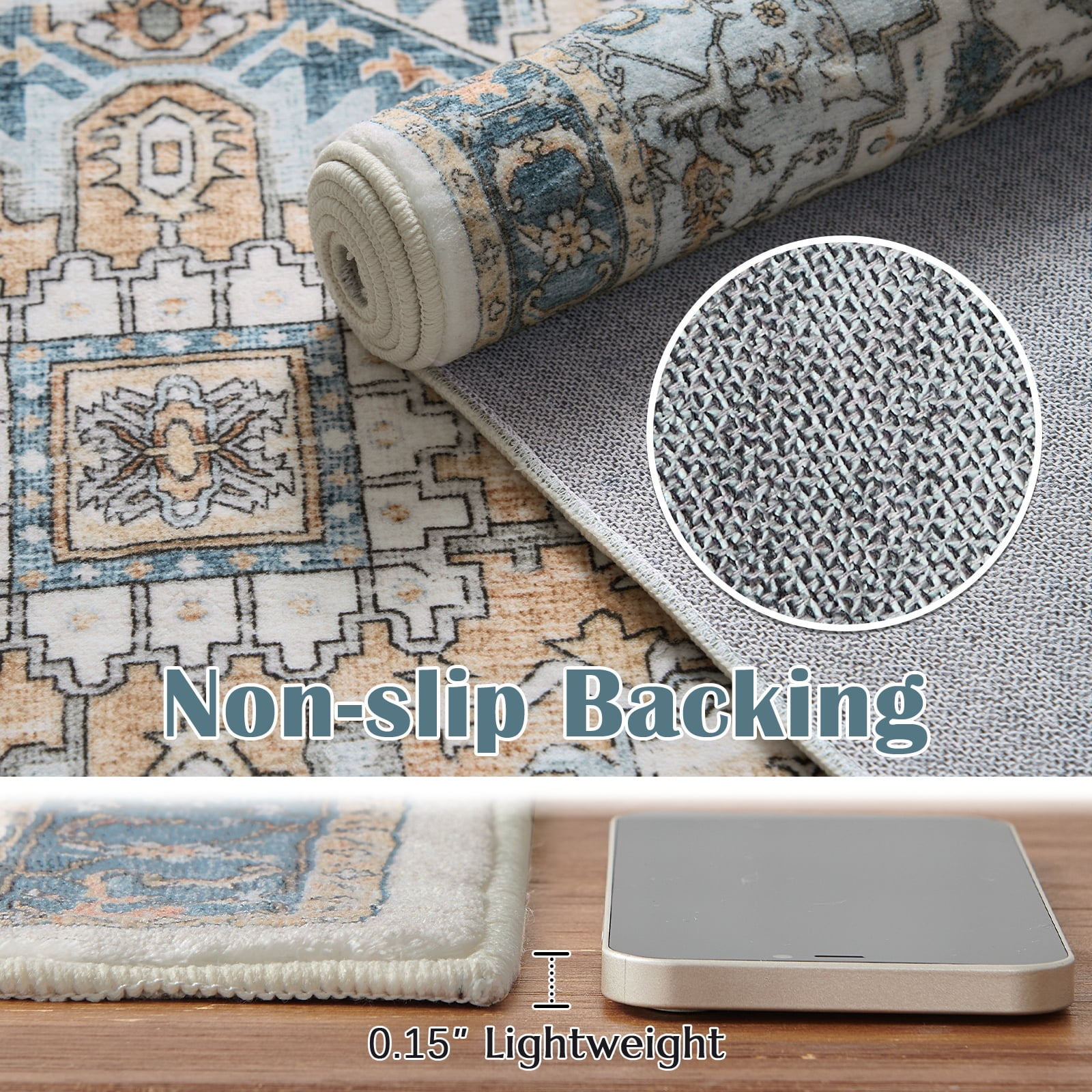 RUGKING Area Rugs for Living Room 6x9, Boho Vintage Medallion Look Home Floor Mat, Non Slip Washable Carpet, Blue