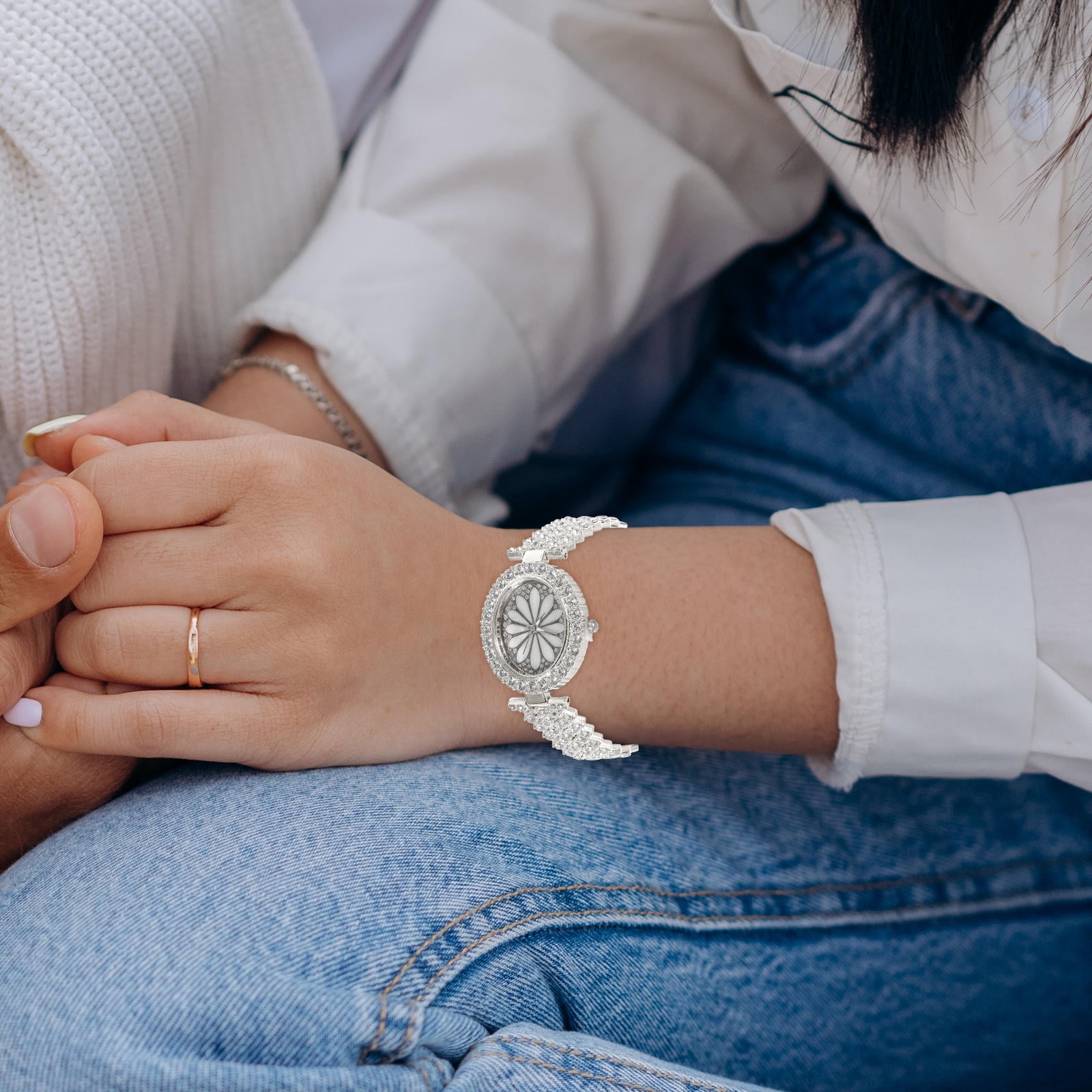 Geneva White Silver Metal Band Bangle Cuff Watch for Women, Small