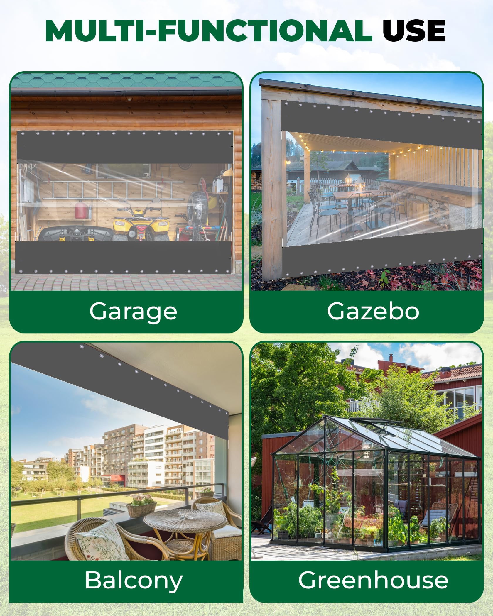 3x2m Clear PVC Outdoor Curtain Waterproof Transparent Patio Panel Windproof UV-Resistant Tarp for Pergola/Gazebo/Porch