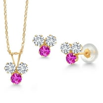 Gem Stone King 14K Yellow Gold White Lab Grown Diamond and Pink Sapphire 3 Stone Pendant and Earrings Jewelry Set for Women (1.00 Cttw, Round 3MM, with 18 inch Chain)