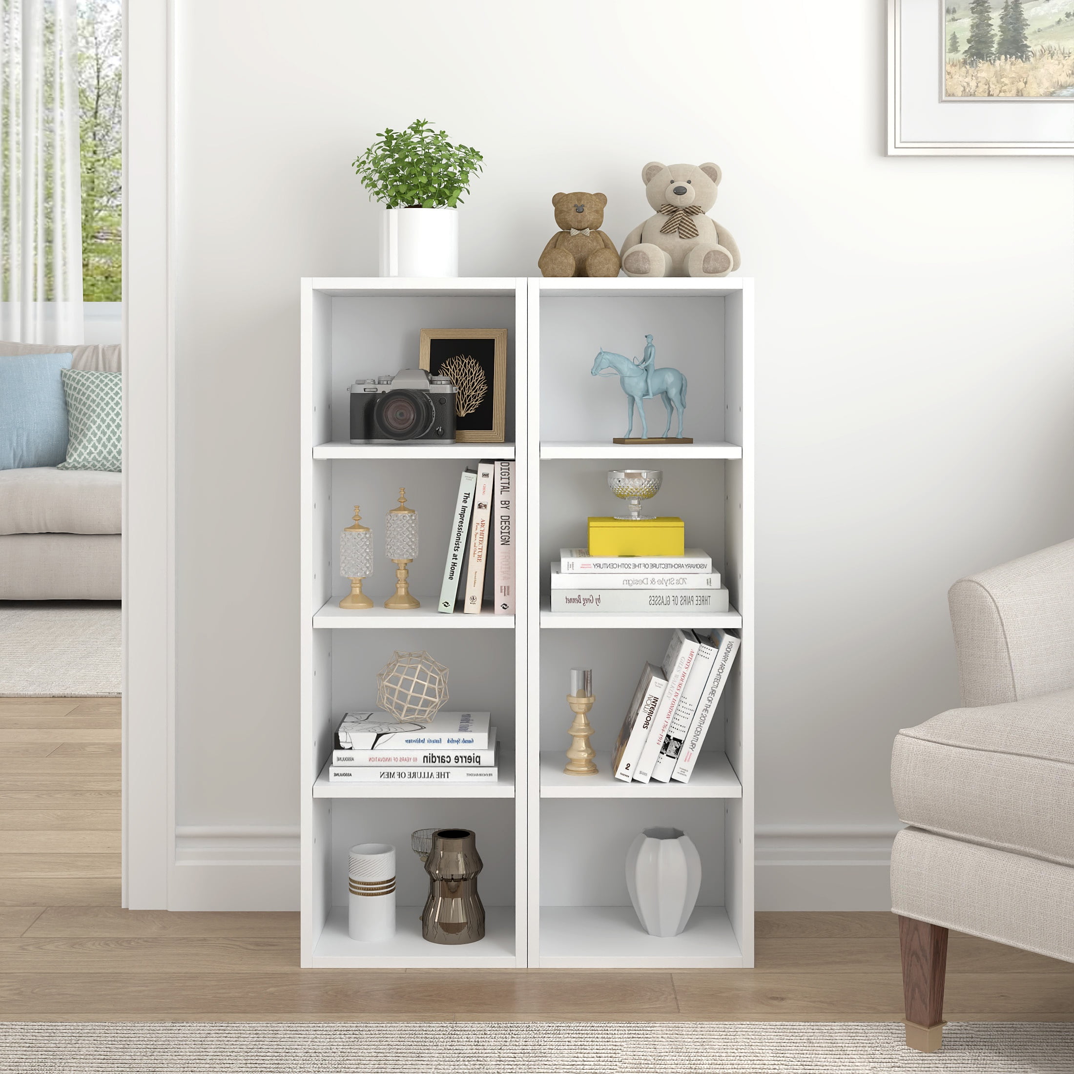 PORKISS 8-Tier White Bookshelf, Wood Open Display Bookshelf with Adjustable Shelves, Tall Narrow Bookcase with Slim Storage, Modern Book Display Shelf Media Tower Rack for Living Room, Home Office