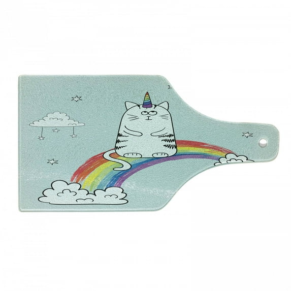 Unicorn Cat Cutting Board, Sketchy Rainbow Follow Your Dreams Inspirational Fantasy Sky, Decorative Tempered Glass Cutting and Serving Board, Wine Bottle Shape, Multicolor, by Ambesonne