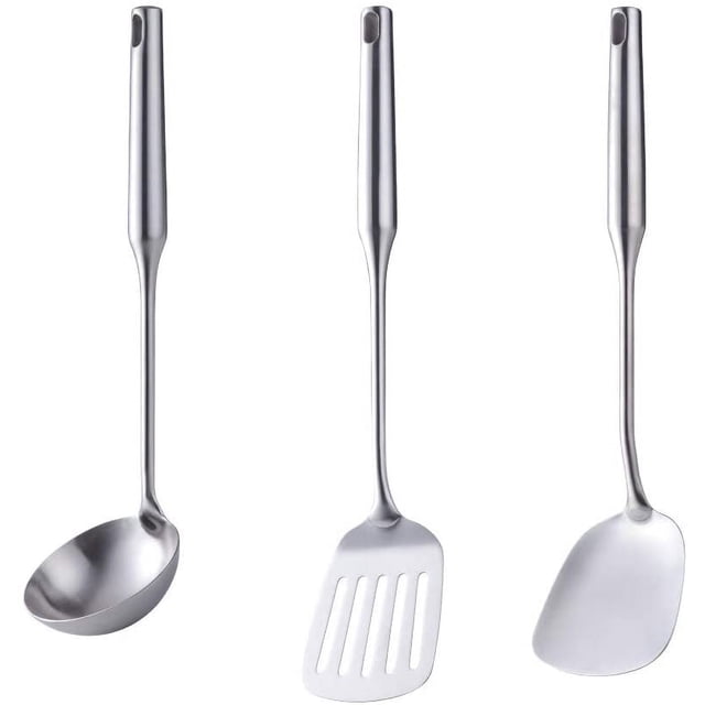Soup Ladle & Wok Spatula & Slotted Spatula, BUY&USE 3 Pcs Stainless Steel Kitchen Utensil Set, Vacuum Ergonomic Handle Cooking Tools