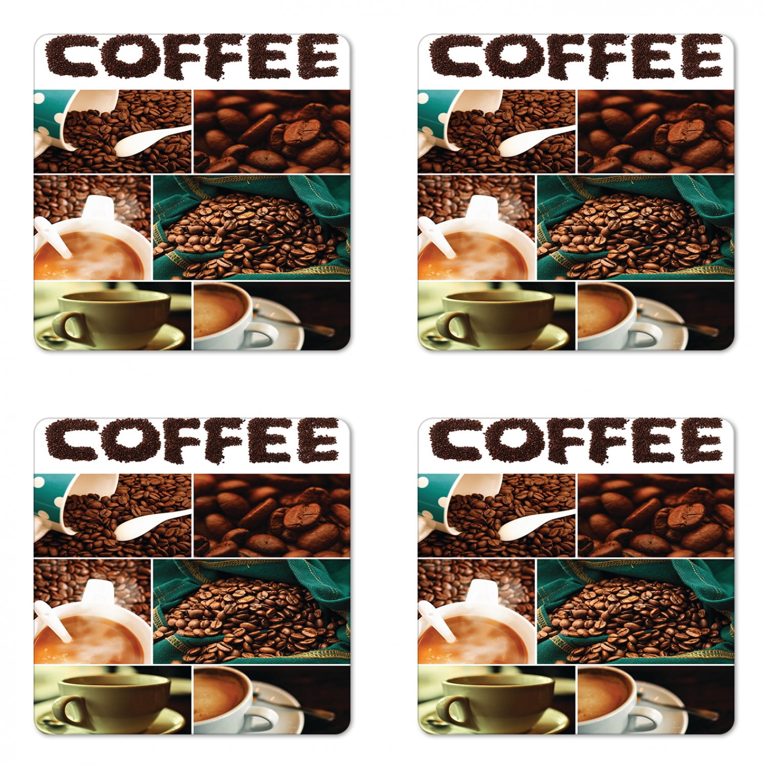 Coffee Coaster Set of 4, Photo Collage of Urban Coffee House Preparing the Drink Relaxing with a