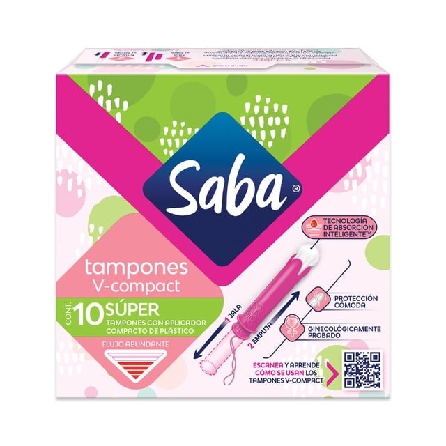 Tampones Saba V-Compact súper con aplicador flujo abundante 10 pzas