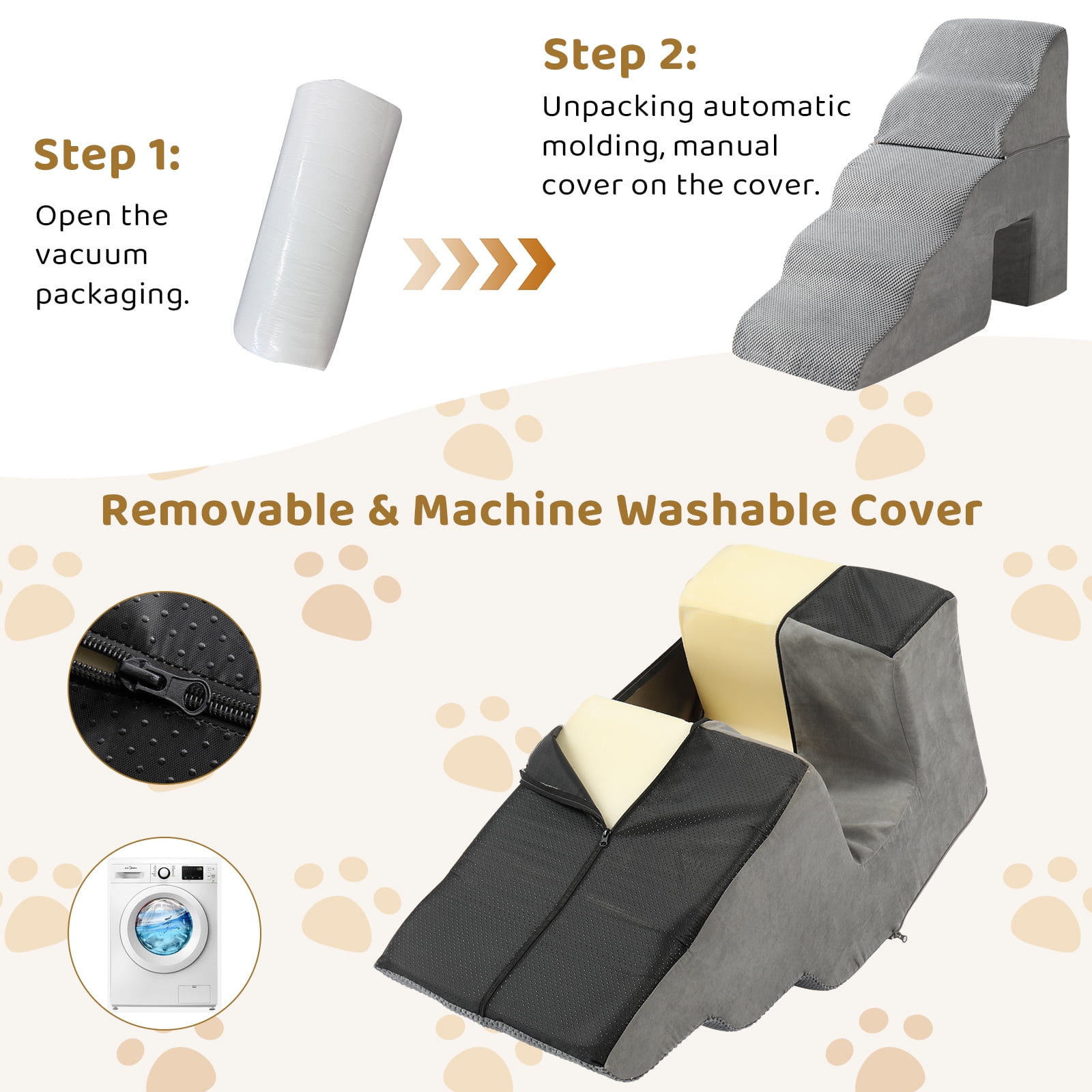 5 Step Pet Stairs for Dog Cat, Grey