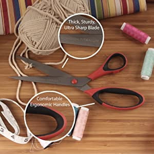 BambooMN Titanium Softgrip Scissors Set for Sewing, Arts, Crafts, Office - 10 Sets of 3 - Red w/ Black Inlays
