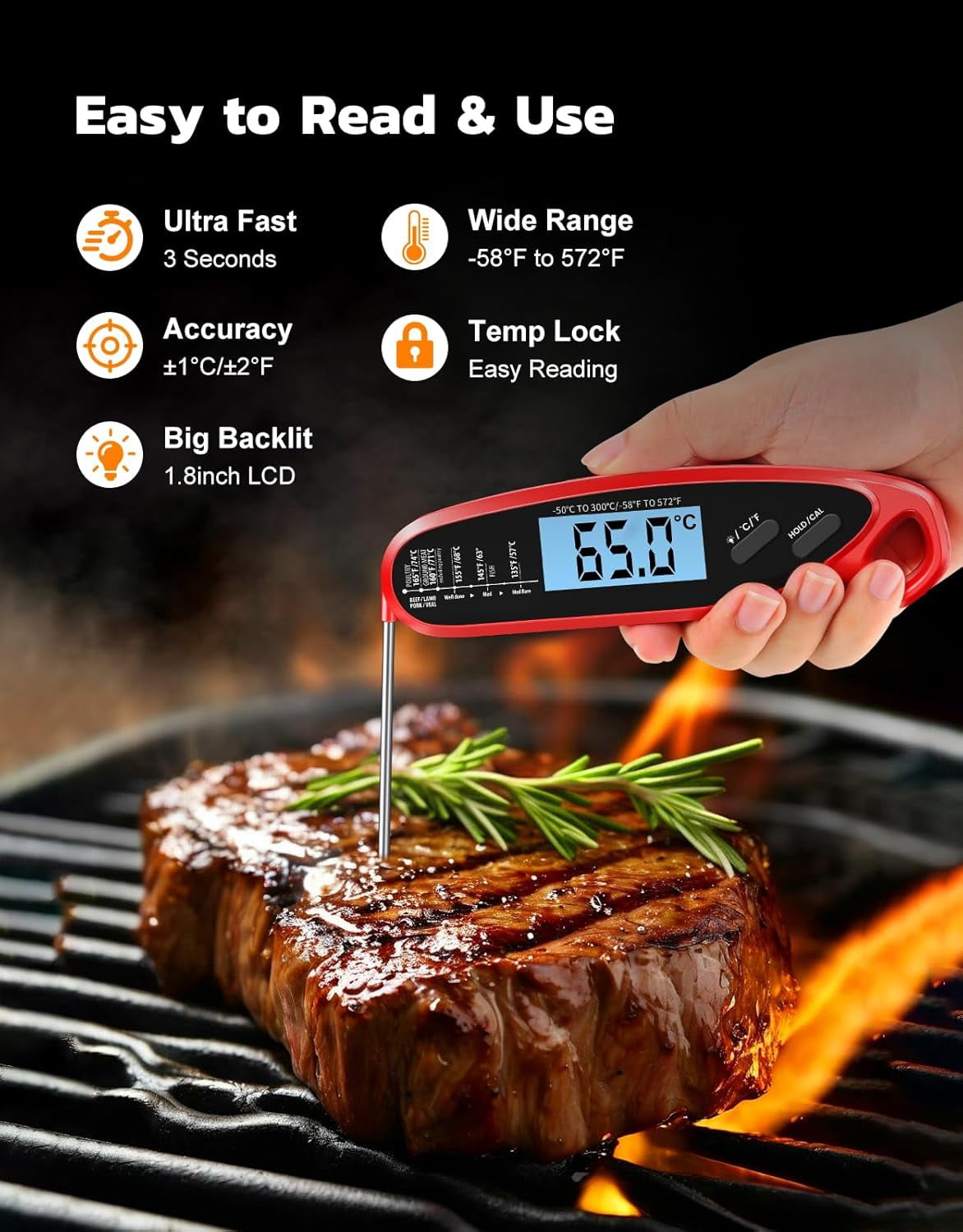 Instant Read Meat Thermometer Digital with Dual Probe, Food for Cooking & Grilling, Large Backlit Calibration, Kitchen/Oven/Grill/Smoker/BBQ/Oil/Fry, Fathers Day Gift Dad