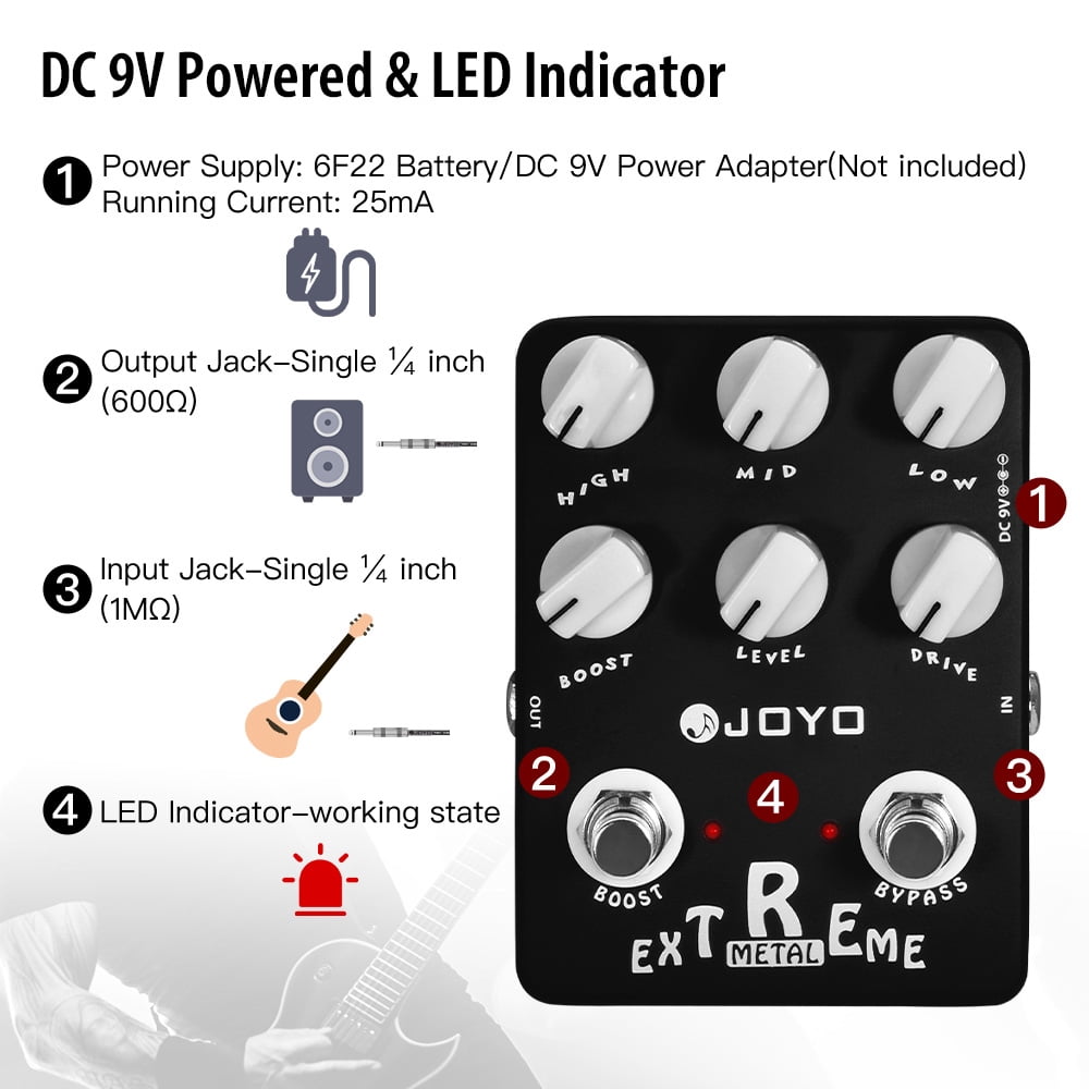 JOYO JF-17 Extreme Metal Guitar Pedal 3 Band EQ Low-Mid-High Gain Boost Distortion