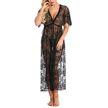

GuliriFei Women s Lingerie Two Piece Set See Through Lace Gown Dress Perspective Lace Short Sleeve Dress and Low Waist Thong