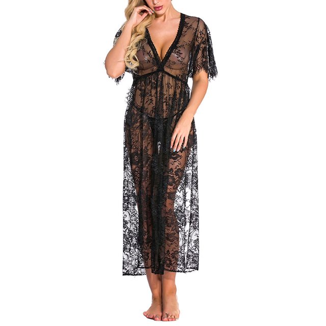 VISgogo Conjunto de dos piezas de lencería para mujer Perspectiva de moda Vestido de manga corta de encaje y tanga de cintura baja VISgogo moda