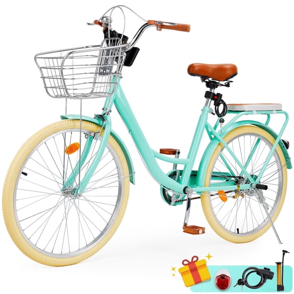 24 inch Commuter Bicycle for Adult Men and Women, Comfortable City Bikes with Rear Rack and Basket, Green