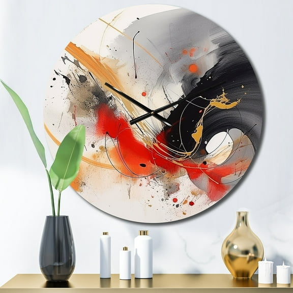 Designart "Striking Black and Red Strokes" Fractals Oversized Wall Clock