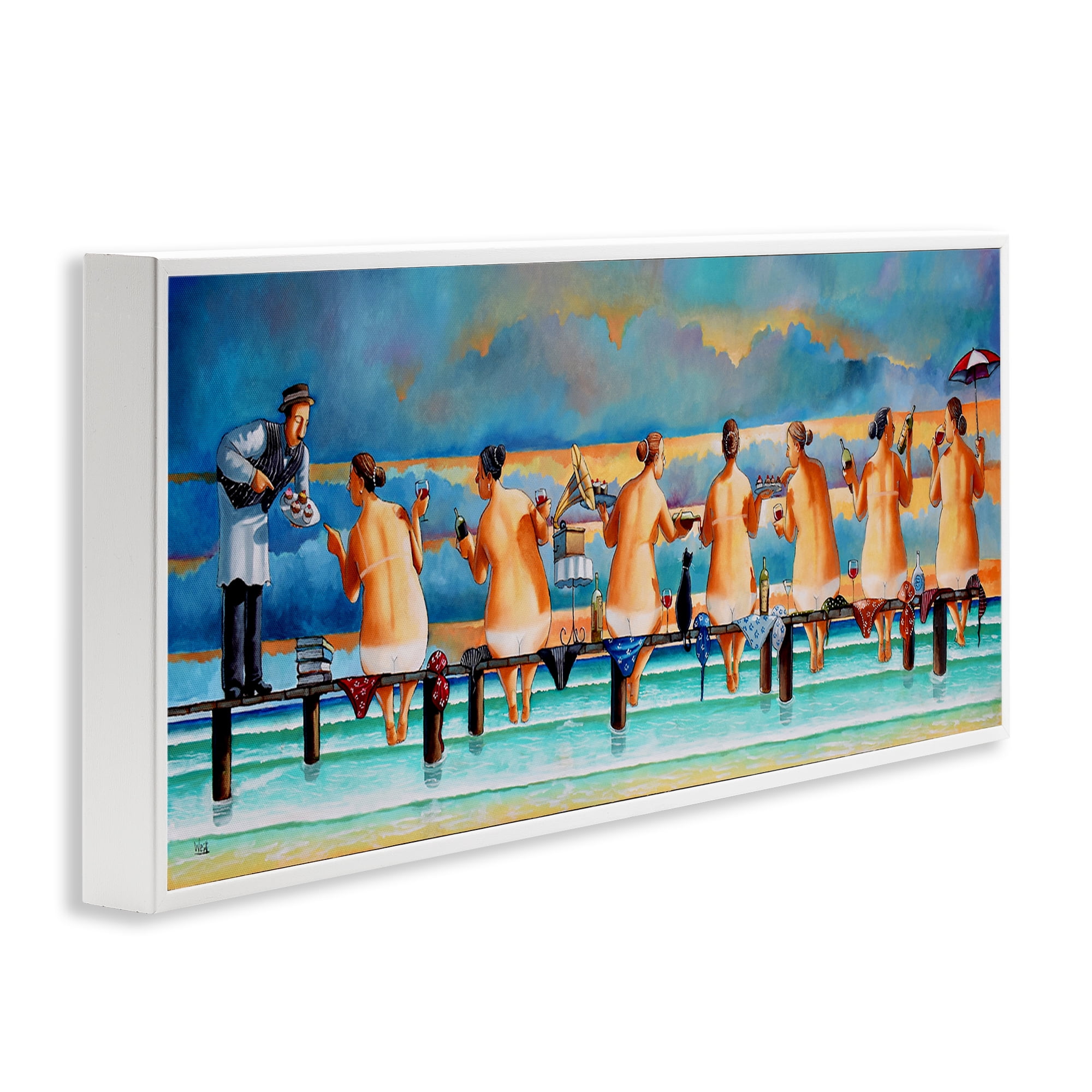 Stupell Industries Ladies Enjoying Beach Novelty Painting White Framed Art Print Wall Art, 30 x 13