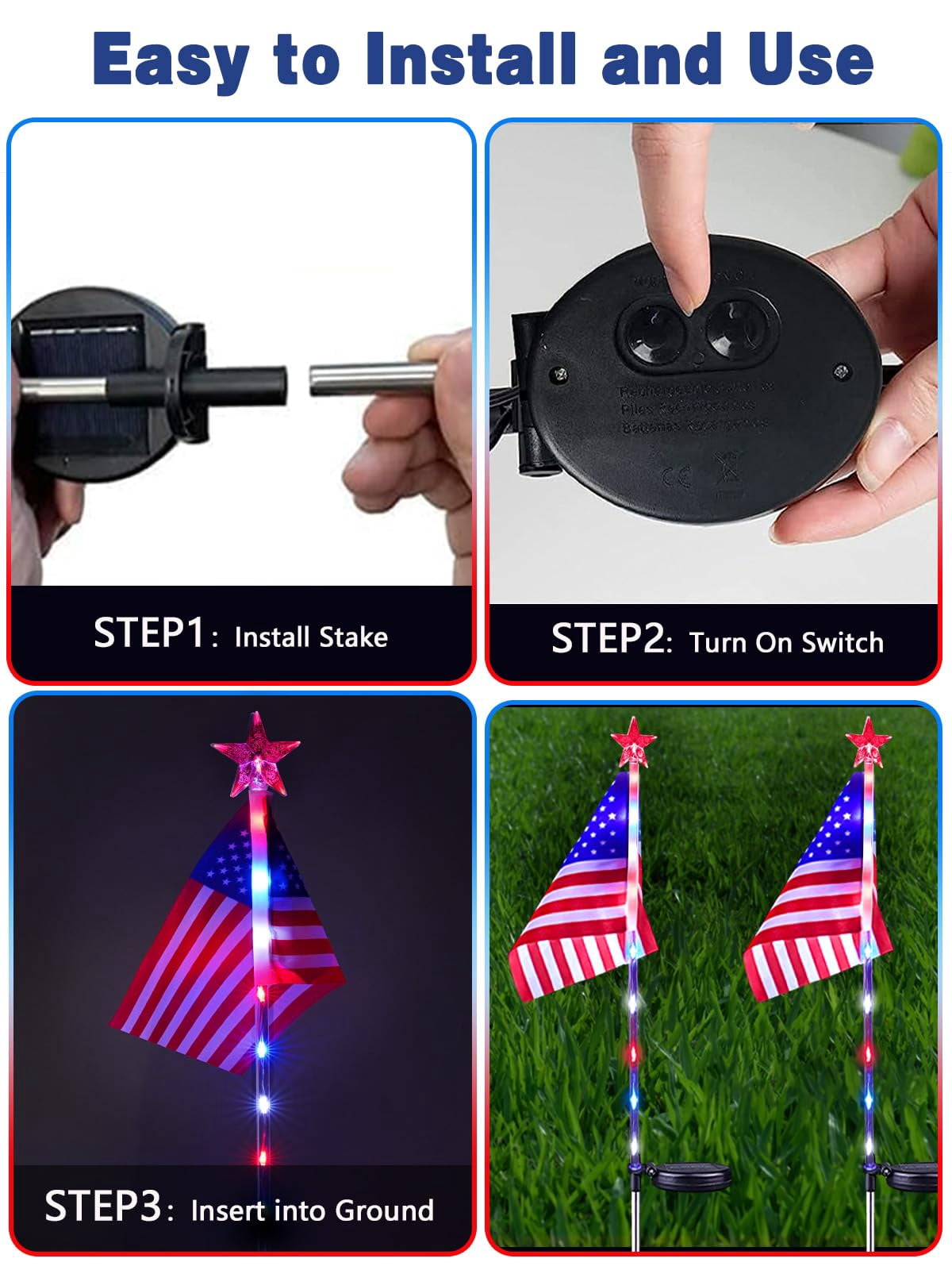8 Pack Solar American Flag Lights Outdoor, 4th of July Decorations Outdoor, Waterproof Solar Flag Patriotic Lights for Yard, Garden, Pathway, Independence Day, 250th Anniversary