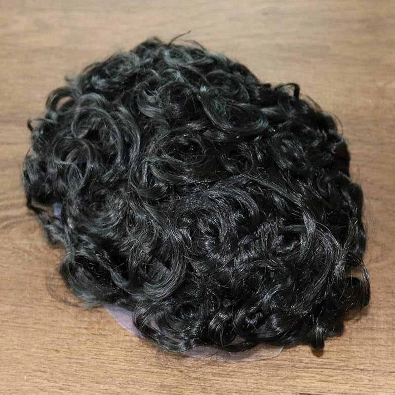 SIMBEAUTY Indian Remy Human Hair Curl Toupee 10x8inch for Men with Men Hair System Replacement Wig (1# Jet Black- 15MM Curly)