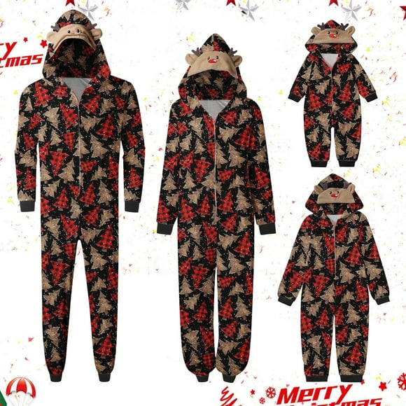 Black Friday Deals 2022! Pisexur Family Christmas Pjs Matching Sets One Piece Christmas Tree Print Hooded Xmas Deer Sleepwear, Christmas Parent-Child Outfit for New Year's Pajama Party