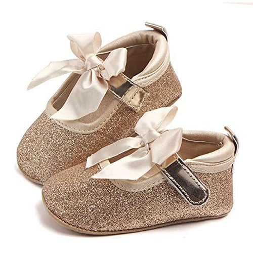 0-6 Months Infant, Gold A Lidiano Baby Girls Bowknot Sequins Bling Anti-Slip Mary Jane Flat Crib Shoes with Headband 