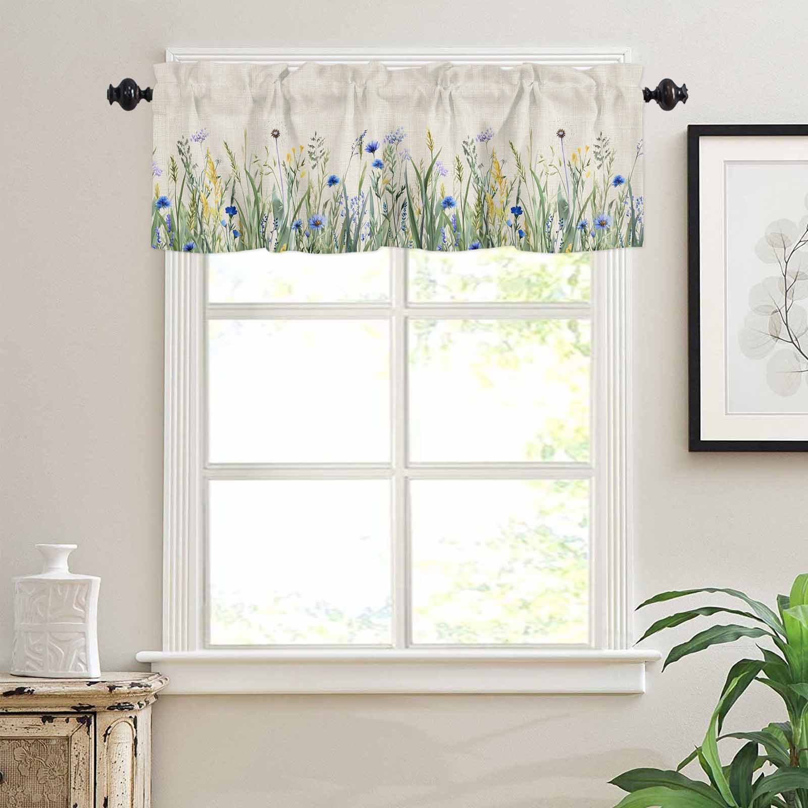 Navy Flower Kitchen Curtains Valance and Tier Set Blue-green Leaf Watercolor Vintage Linen Rod Pocket Short Curtains for Small Window 3 Pieces Set for Bedroom Bathroom Cafe (54" x 18"+27" x 36")
