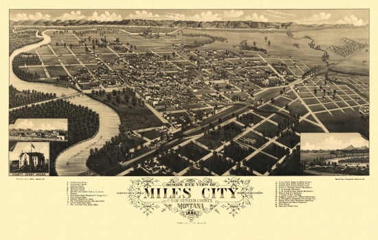 Antique Map of Miles City Montana 1883 Custer County Canvas Art - (36 x 54)
