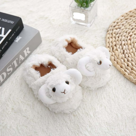 Hpapadks Slippers for Kids Winter Warm Fuzzy Shoes Cute 3D Goat Indoor Outdoor Comfortable Soft Girl Shoes White