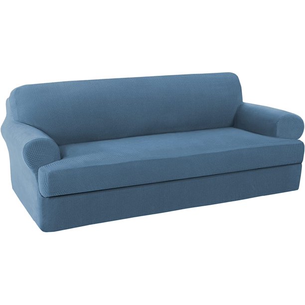 Funda para sofá de dos plazas de jacquard de gran elasticidad de 2 piezas/fundas para muebles para sofá de dos plazas con parte inferior elástica, ideal para cojín en T/cojín de caja, tela jacquard de licra, gris carbón, azul polvoriento