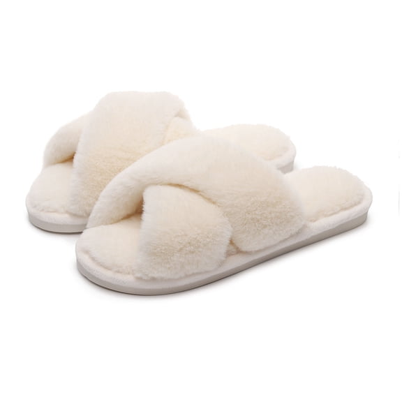 Slippers for Women,Fuzzy Slippers Band Memory Foam Slippers Open Toe,Womens Slippers,White,6.5