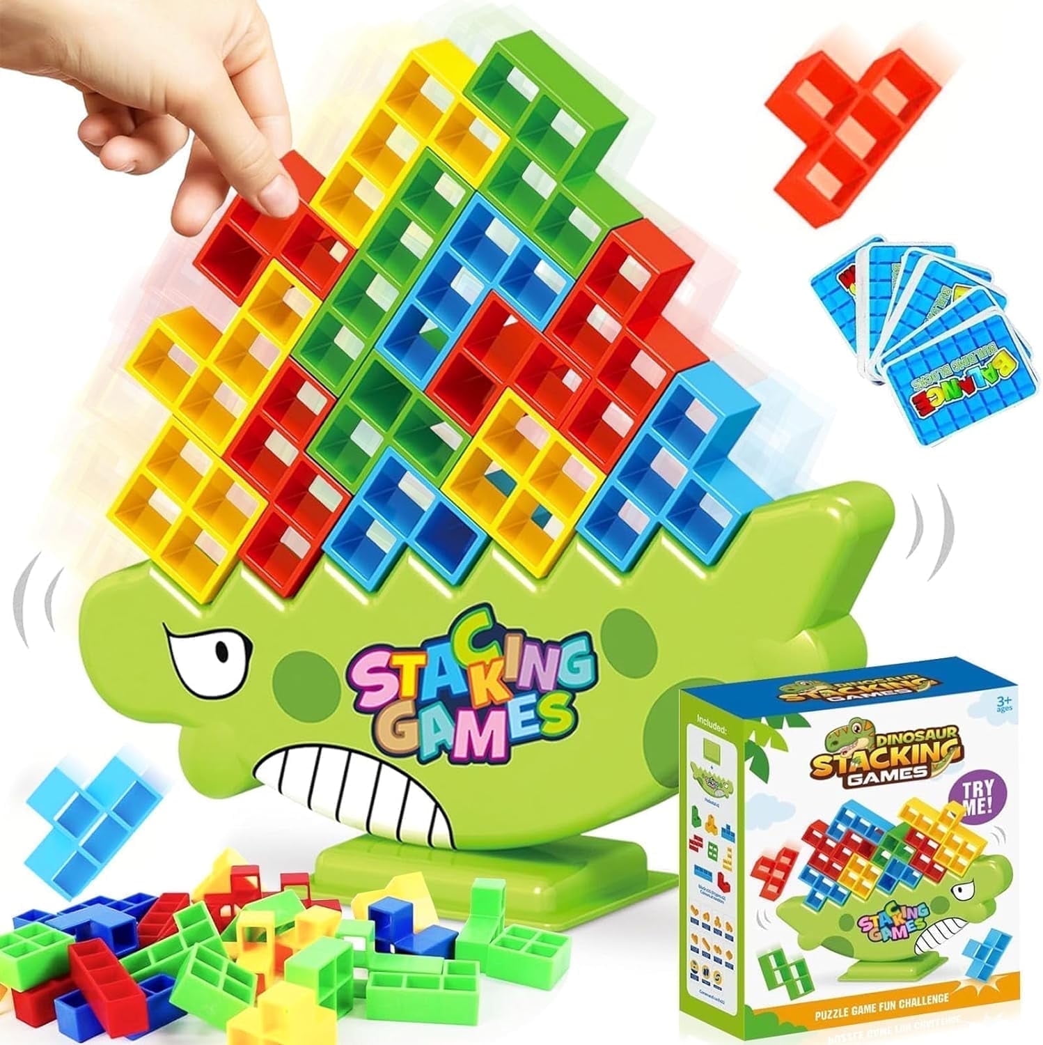 HBK Dinosaur Stacking Tower Game with 64 Blocks, 2-4 Player Family Board Game for Kids Ages 3+