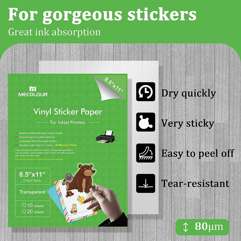 Printable Vinyl Sticker Decal Paper Transparent Clear for Inkjet Printer  8.5x11 Waterproof 20X MECOLOUR 