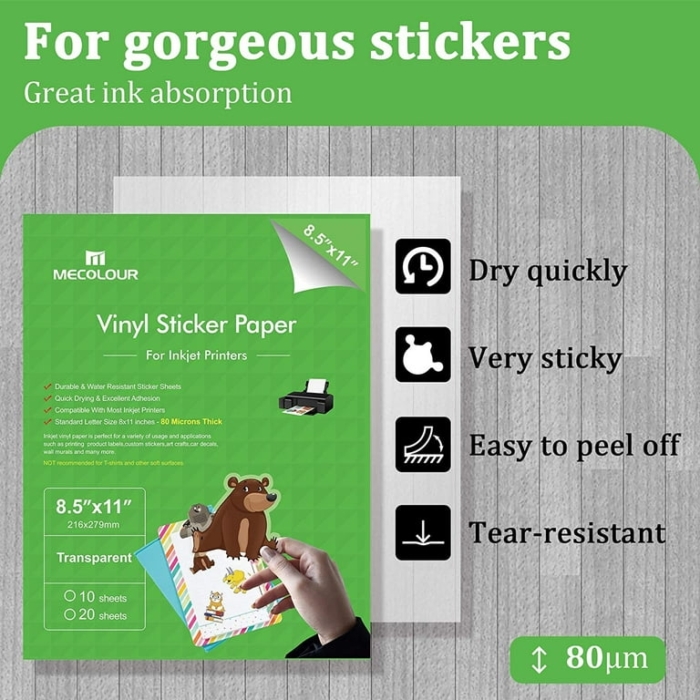 Printable Vinyl Sticker Paper for Inkjet Printer Glossy White 20X 8.5X11  Waterproof Decal Paper MECOLOUR 