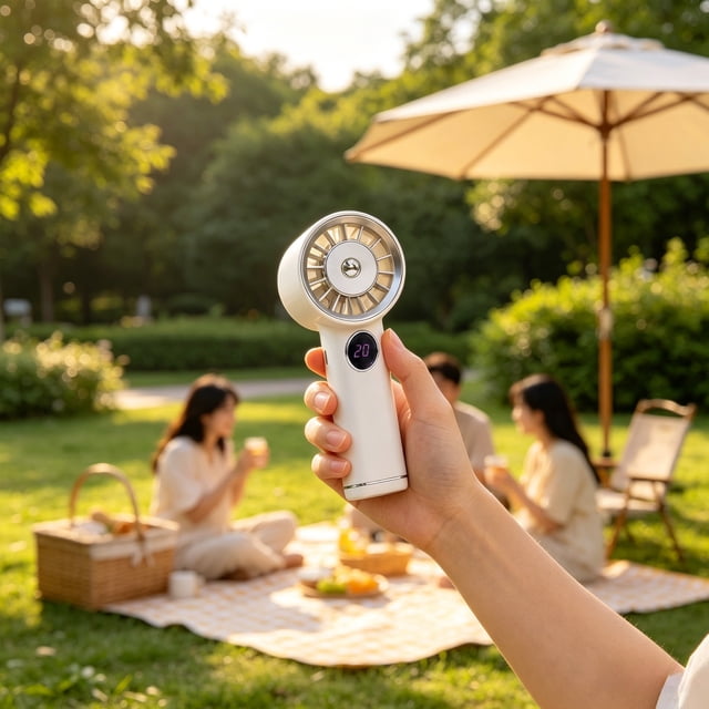 Aufmer Portable Travel Essential USB Charging Handheld Fan Mini Cooling Device With LED Digital Screen Display Ideal For Outdoor Travel Office Indoor Daily Use(with Cable×1)