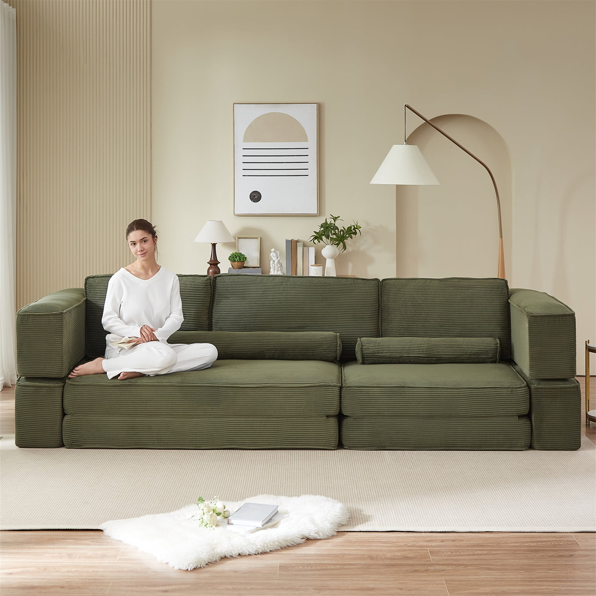 Aukfa 109" Oversized Convertible Sofa Bed Futon with Fixed Frame, Folding Pull Out Modular Boneless Sofa for Living Room, Corduroy, Green