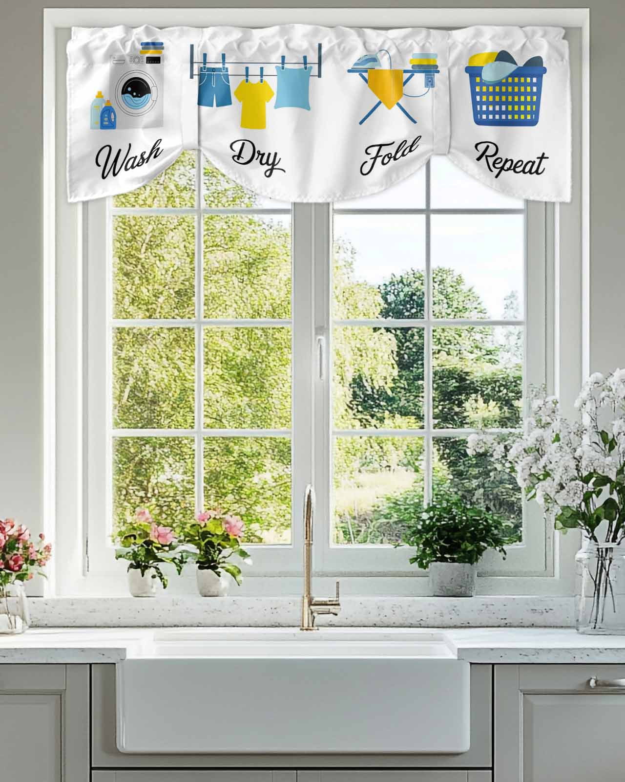 Laundry Room Tie Up Valances Curtain, Adjustable Kitchen Wash Dry Fold Repeat Valances for Windows Decor, Rod Pocket Short Curtains Set for Bedroom/Bathroom, 60"x18"